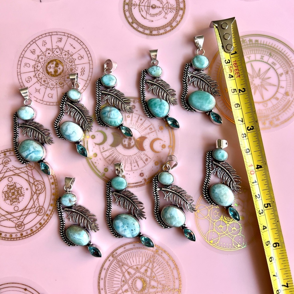 925 Caribbean Larimar + Feather Blue Topaz Necklace Pendant - Picture 7 of 10